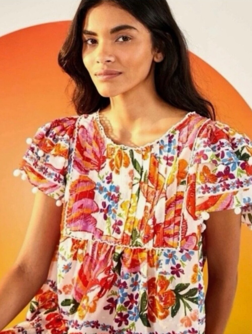 FARM Rio Floral Banana Peasant Blouse Floral Pom Pom Trim Womens Size Medium
